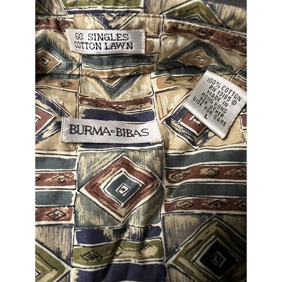 Burma Bibas Shirt Mens Large Beige Button Up Short Sleeve Cotton Geo Print - Picture 3 of 3
